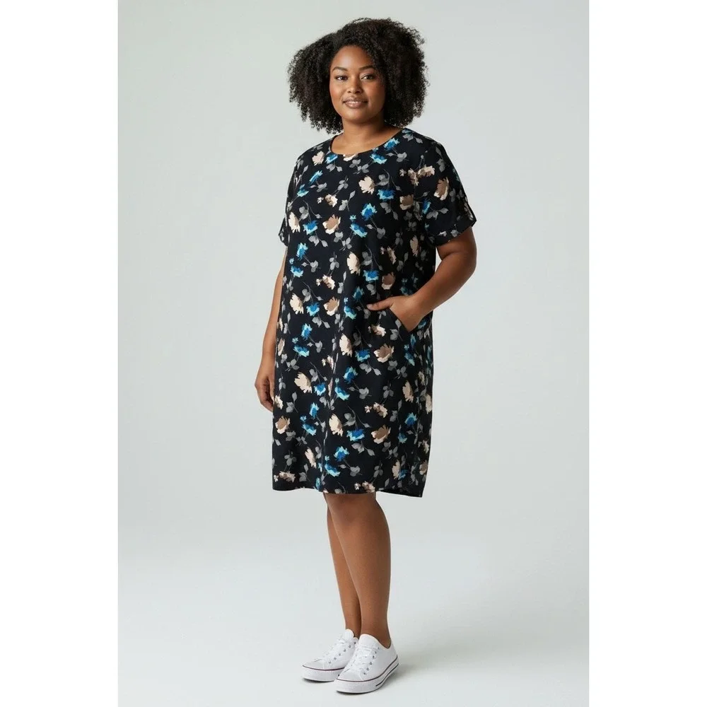 Lands' End Floral Dark Blue Dress with Pockets‎ 20W